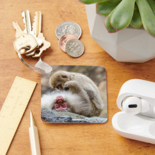 Macaque Monkeys, Caring Primate Bond Keychain