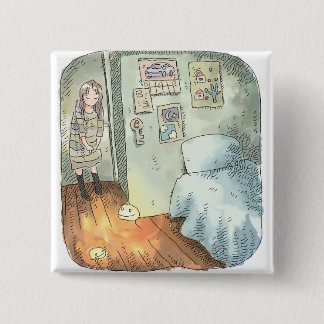 MACARON CARRÉ 5 CM さやいしじ 水色の壁、橙色の床のお部屋で隅っこに立っている女性のイラスト
