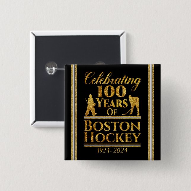Macaron Carré 5 Cm 100 Ans De Hockey À Boston (Devant & derrière)