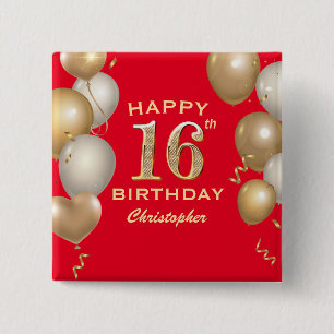 Macaron Carré 5 Cm 16e Anniversaire des Ballons Rouge et Or