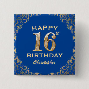 Macaron Carré 5 Cm 16e anniversaire Parties scintillant bleue et or c
