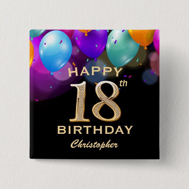Macaron Carré 5 Cm 18e fête d'anniversaire Ballons noirs et or (Devant)