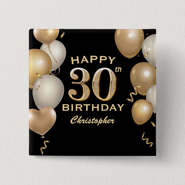 Macaron Carré 5 Cm 30e fête d'anniversaire Ballons noirs et or (Devant)