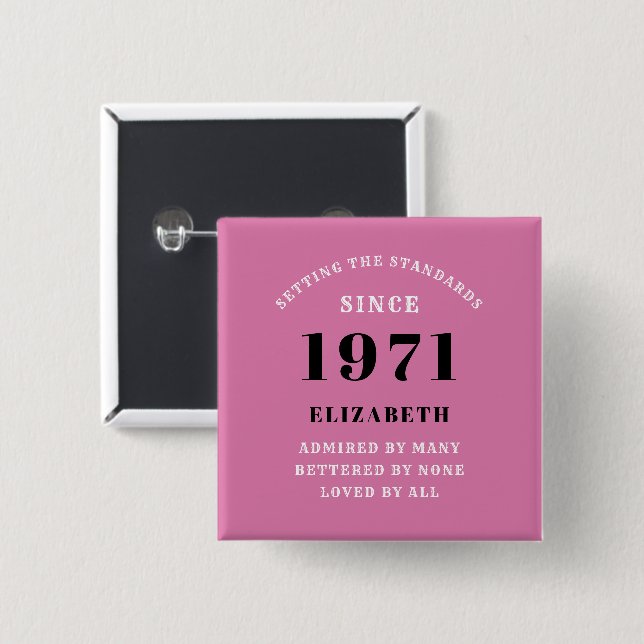 Macaron Carré 5 Cm 50e anniversaire 1971 Pink Black pour sa personnal (Devant & derrière)
