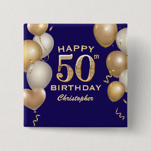 Macaron Carré 5 Cm 50e Anniversaire Marine Bleu et Ballons d'or