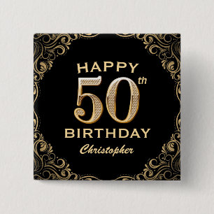 Macaron Carré 5 Cm 50th Birthday Party Black and Gold Glitter Frame