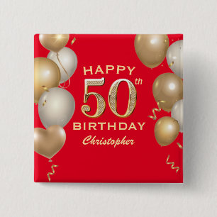Macaron Carré 5 Cm 50th Birthday Party Red and Gold Balloons