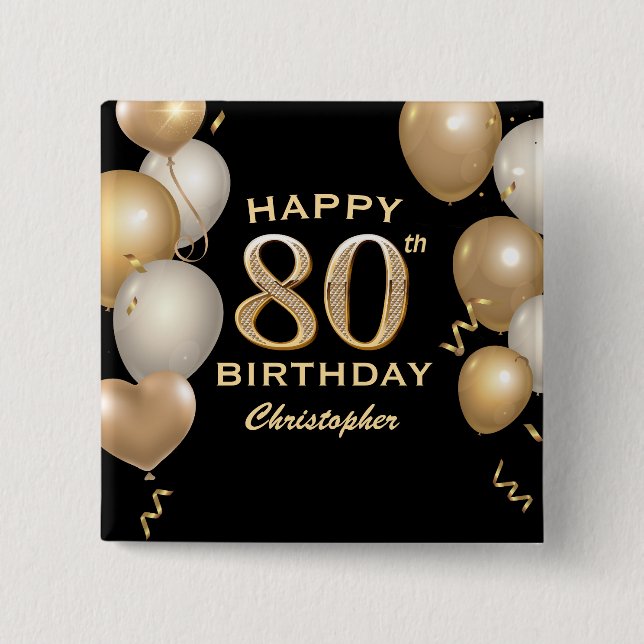 Macaron Carré 5 Cm 80e fête d'anniversaire Ballons noirs et or (Devant)