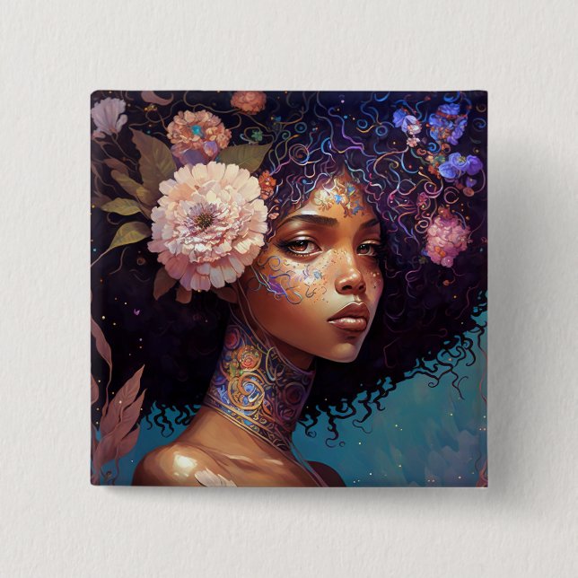 Macaron Carré 5 Cm African American Black Goddess Queen Imaginaire Ar (Devant)