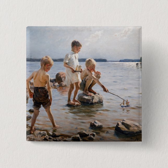 Macaron Carré 5 Cm Albert Edelfeue - Les garçons jouent sur le rivage (Devant)