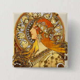 Macaron Carré 5 Cm Alfonse Mucha Zodiaque Art Nouveau Femme