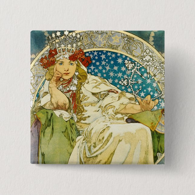 Macaron Carré 5 Cm Alphonse Mucha Princess Hyacinth Art Nouveau (Devant)