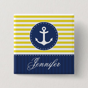 Macaron Carré 5 Cm Ancre jaune et bleu-foncé de rayures avec le nom