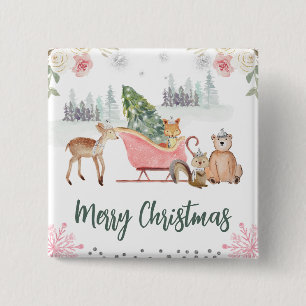 Macaron Carré 5 Cm Animaux de la forêt à l'aquarelle Noël floral