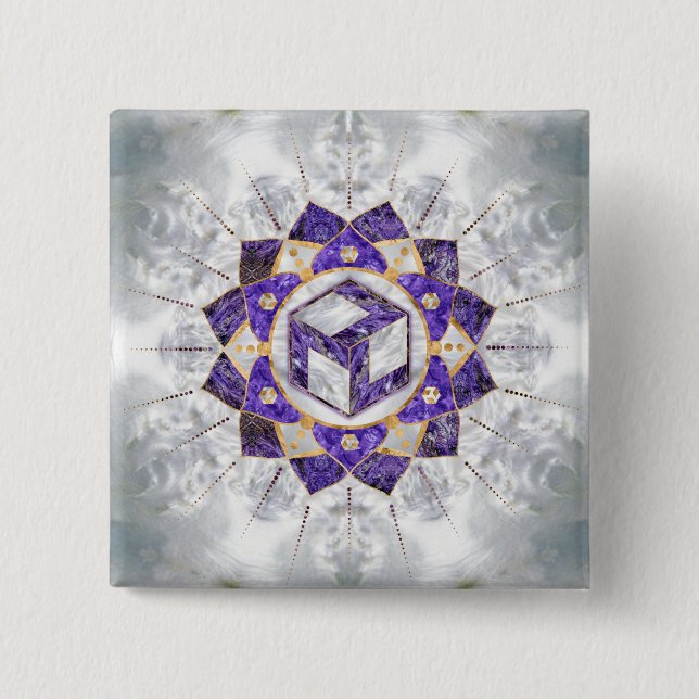 Macaron Carré 5 Cm Antahkarana à Lotus Mandala- Amethyst et Pearl (Devant)