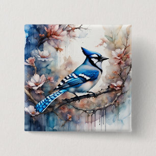 Macaron Carré 5 Cm Aquarelle bleu Jay Cherry Blossoms