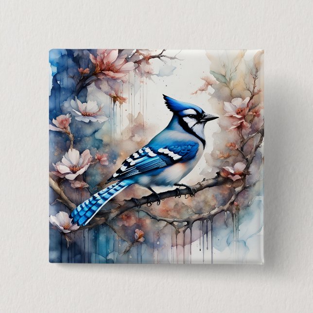 Macaron Carré 5 Cm Aquarelle bleu Jay Cherry Blossoms (Devant)