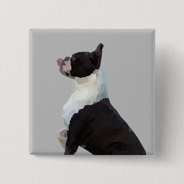 Macaron Carré 5 Cm Aquarelle Boston Terrier Pin Bouton (Devant)