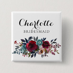 Macaron Carré 5 Cm Aquarelle Floral Bourgogne Mariage Bridesmaid