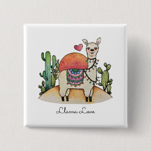Macaron Carré 5 Cm Aquarelle Llama Avec Cactus
