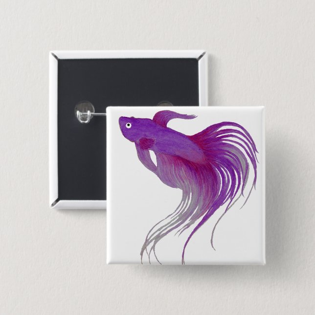 Macaron Carré 5 Cm Aquarelle Profond Purple Betta Fish (Devant & derrière)