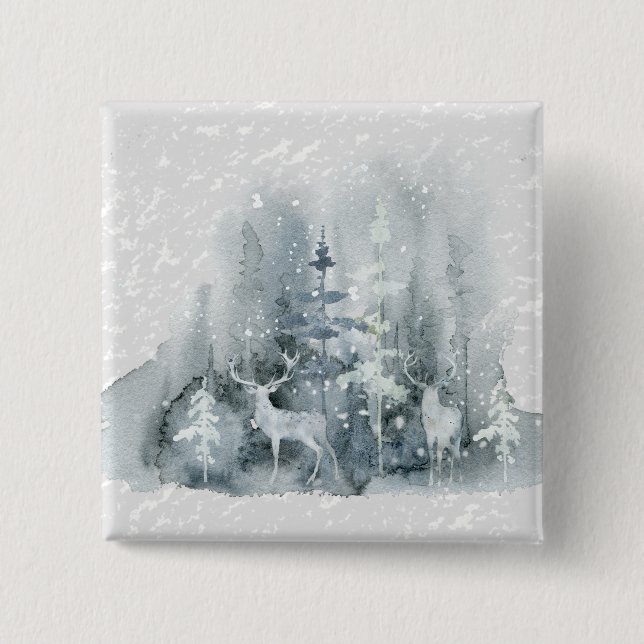 Macaron Carré 5 Cm Aquarelle, vêtements, bois, cerf, neige, arbres (Devant)