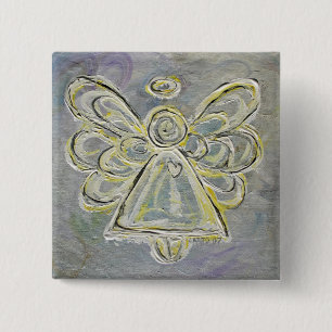 Macaron Carré 5 Cm Argent Blanc Lumière Gardien Angel Art Button Pin