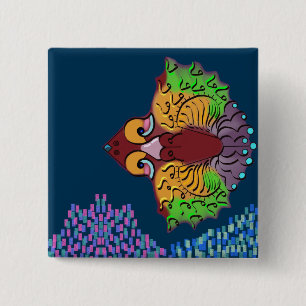 Macaron Carré 5 Cm Art de poisson abstrait en écriture thaïe Bouton