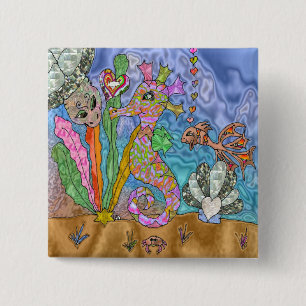 Macaron Carré 5 Cm Art de Tortue de Mer Cheval Marin Psychédélique