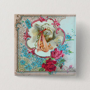 MACARON CARRÉ 5 CM BABY SHOWER DE FILLES EN STORK /ROSES ROSES ROSES 