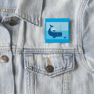Macaron Carré 5 Cm Baleine nautique et voilier océan mer bleue