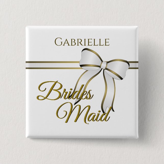 Macaron Carré 5 Cm Balise de nom du Mariage Bridesmaid White & Gold (Devant)