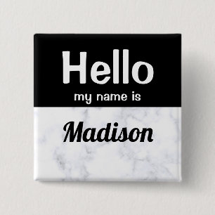 Macaron Carré 5 Cm Balise de nom personnalisé White avec Black Hello