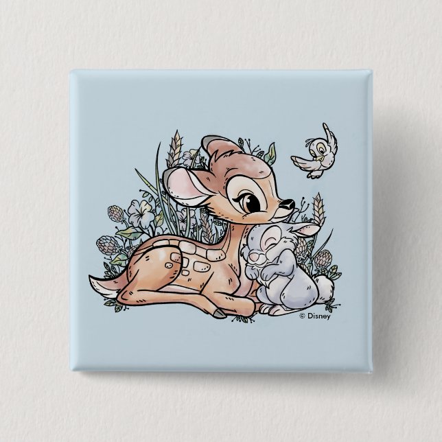 Macaron Carré 5 Cm Bambi & Thumper Assis Dans Les Fleurs (Devant)