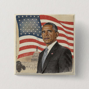 Macaron Carré 5 Cm Barack Obama devant le drapeau américain et le Cap
