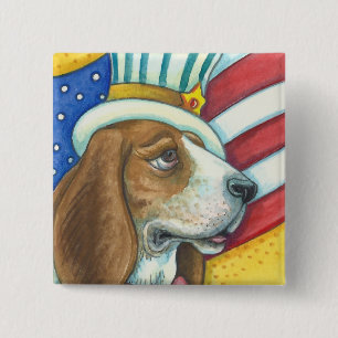 Macaron Carré 5 Cm BASSET HOTEL ONCLE SAM, PATRIOTIQUE DOG Squ