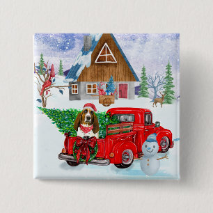 Macaron Carré 5 Cm Basset Hound dog In Christmas Delivery Truck Snow 