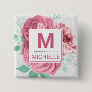 Macaron Carré 5 Cm Beau Monogramme de Roses de Jardin Roses
