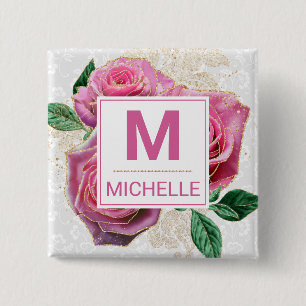 Macaron Carré 5 Cm Beau Monogramme de Roses Glamour Rose et Or
