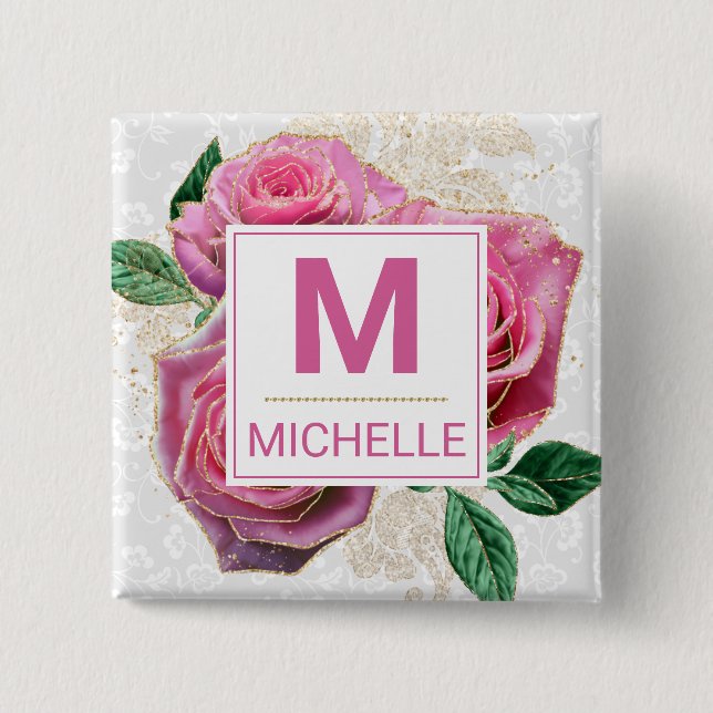 Macaron Carré 5 Cm Beau Monogramme de Roses Glamour Rose et Or (Devant)