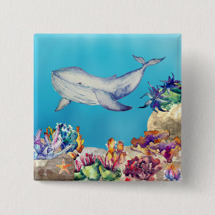 Macaron Carré 5 Cm Beautiful Blue Whale Watercolor Coral Reef