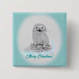Macaron Carré 5 Cm Bébé loutre de mer blanche mignonne, Joyeux Noël