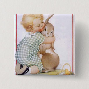 Macaron Carré 5 Cm Bébé qui embrasse le lapin de Pâques
