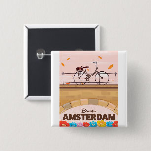 Macaron Carré 5 Cm Belle affiche de voyage à vélo d'Amsterdam.