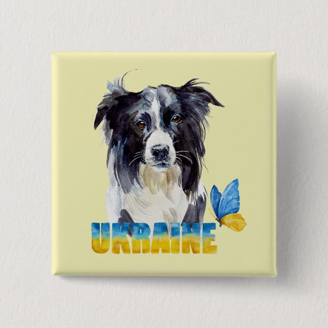 Macaron Carré 5 Cm Belle aquarelle Ukraine Chien et Papillon (Devant)