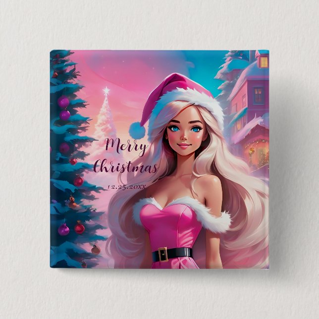 Macaron Carré 5 Cm Belle fille de Noël rose 01 (Devant)