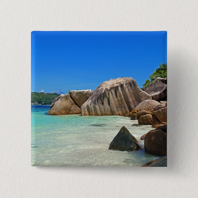 Macaron Carré 5 Cm Belle mer tropicale avec une plage rocheuse (Devant)