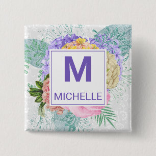 Macaron Carré 5 Cm Belles couleurs pastel Fleurs de printemps Monogra