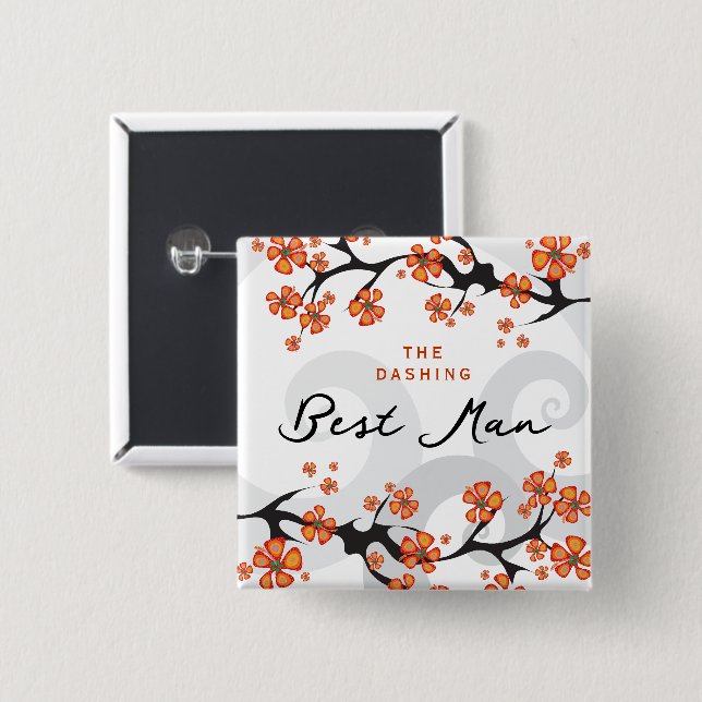 Macaron Carré 5 Cm BEST MAN Hibiscus Swirls Tropical Mariage Nom Bali (Devant & derrière)