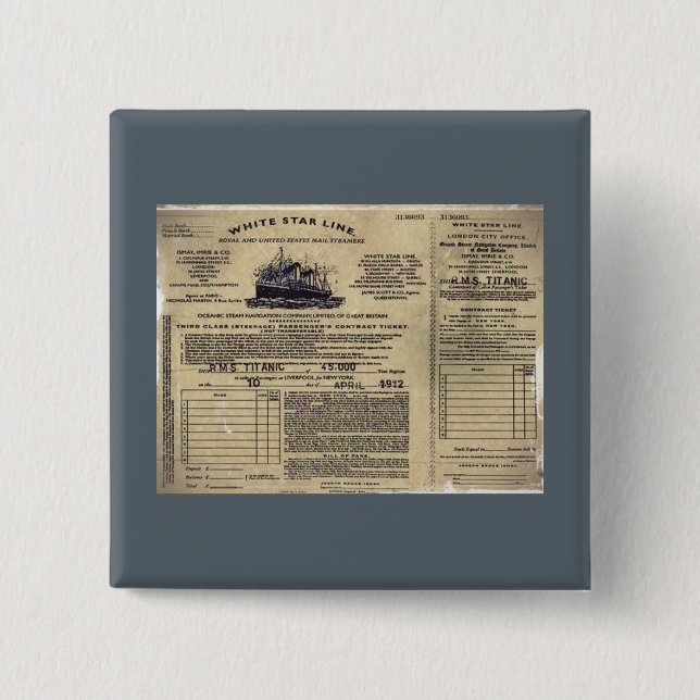 Macaron Carré 5 Cm Billet RMS Titanic 1912 (Devant)